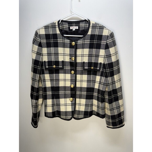 Talbots Jackets & Blazers - Talbots Vintage Wool Blazer Jacket Gold Pearl Button Boucle Plaid Black  USA 12